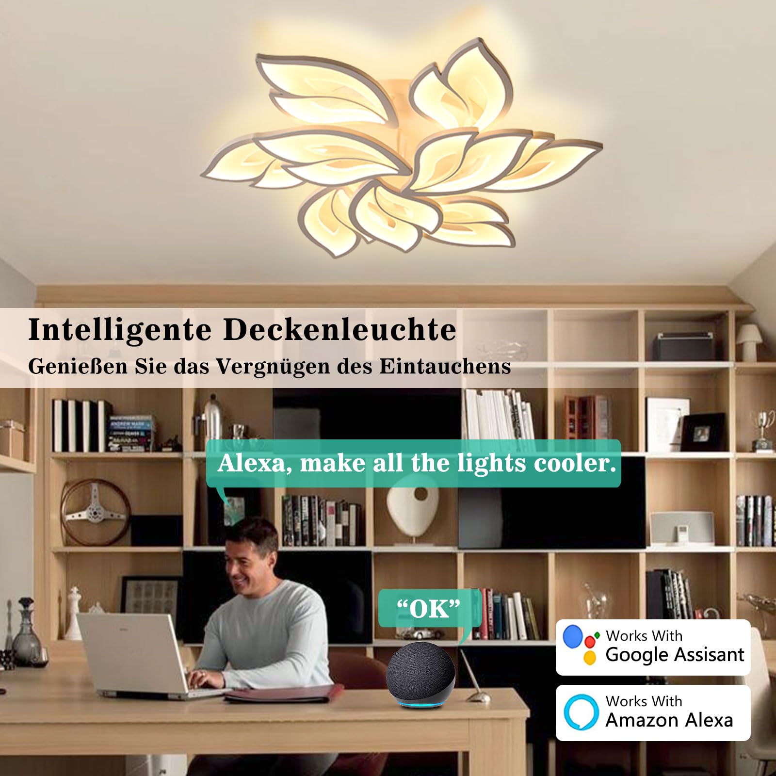 Sky angle Plafoniera LED Soffittocon ALEXA e Google Home, Lampada da Soffitto Moderna Design a Petalo Elegante per Soggiorno Camera da Letto Sala da Pranzo Bagno (Diametro 84cm)