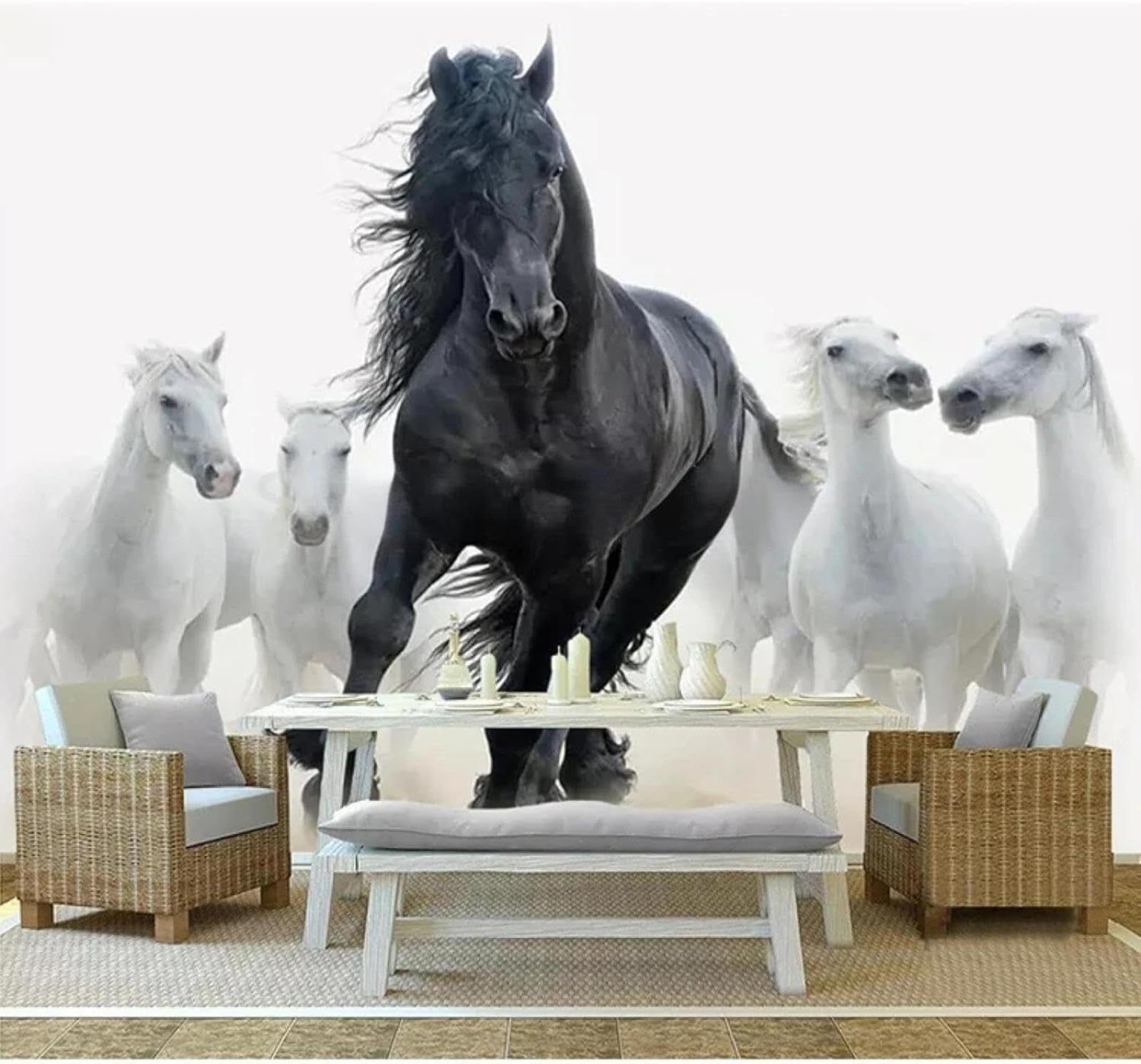 Papier peint 3D noir et blanc cheval tapisserie soie moderne 300x210