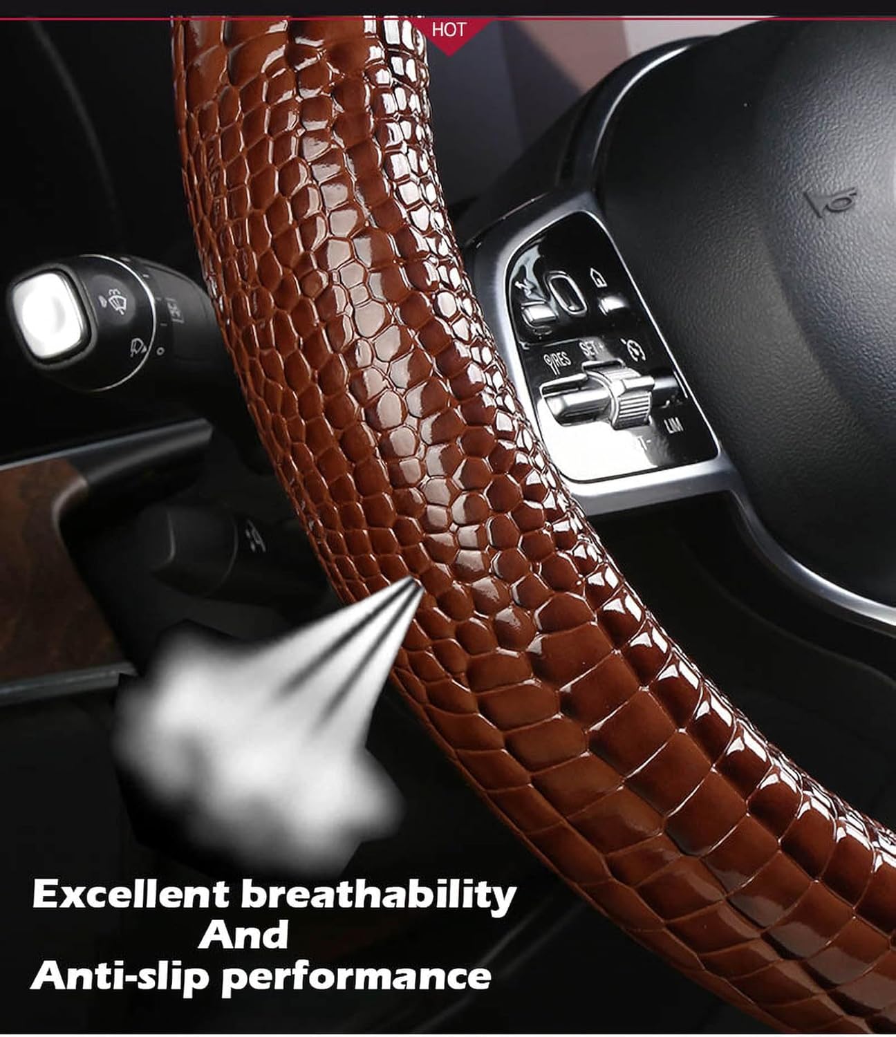 Luxury Crocodile Texture Glossy Leather Car Steering Wheel Cover, New Universal 15 Inch Vehicle Steering Wheel Cover for Cars, Trucks, Suvs, Pickups Interior Accessories (Blue)