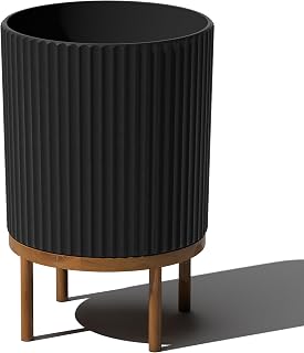Veradek Demi Round Planter with Acacia Wood Stand | Durable All-Weather Plastic-Stone Composite for Porch Patio Tall Plants
