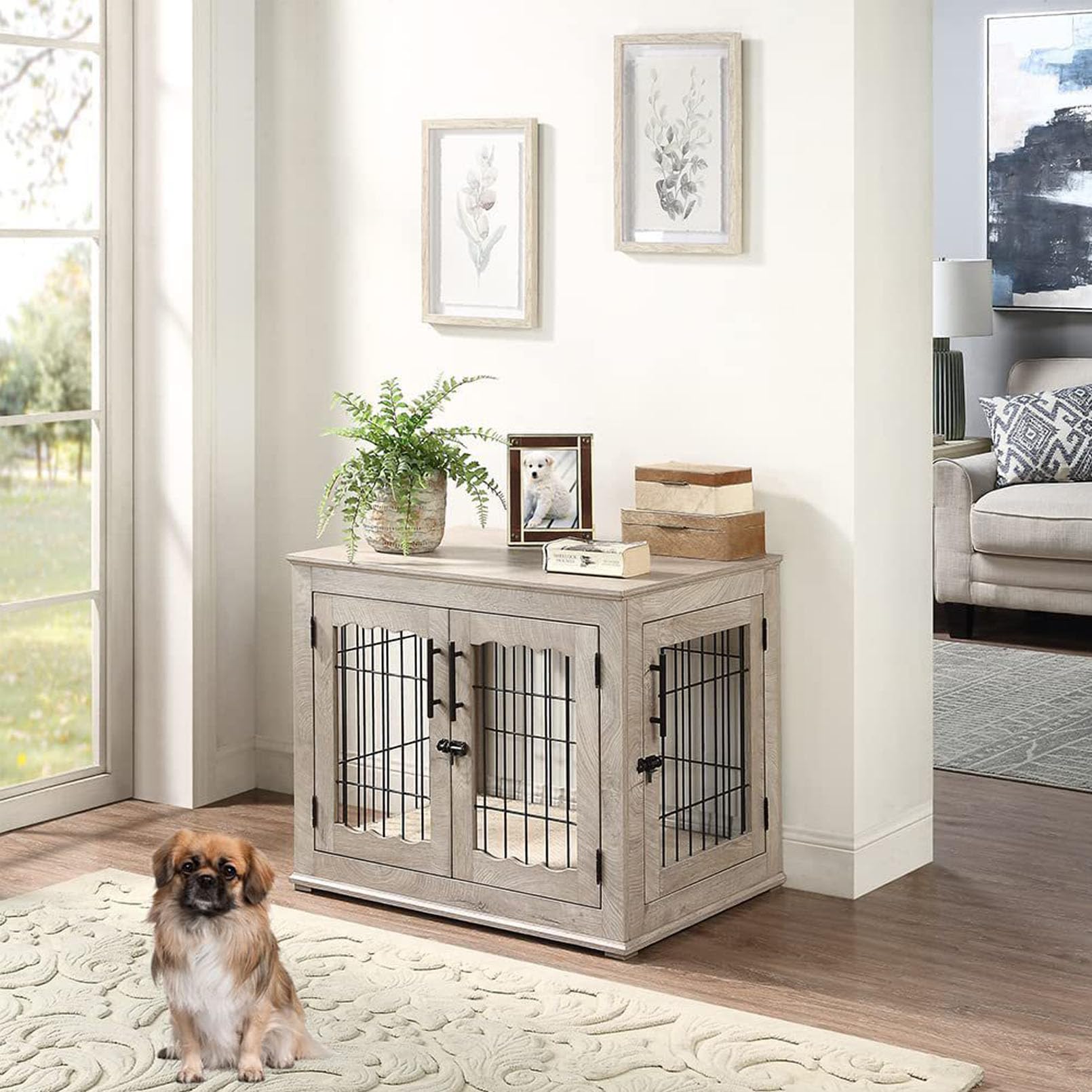 Hundekäfig-Endtisch für kleine, mittelgroße und große Hunde, Indoor-Haustierhütte mit zwei Türen und Drahtgeflecht, funktionale Möbel für Zuhause, 59,7 x 45,7 x 52,1 cm