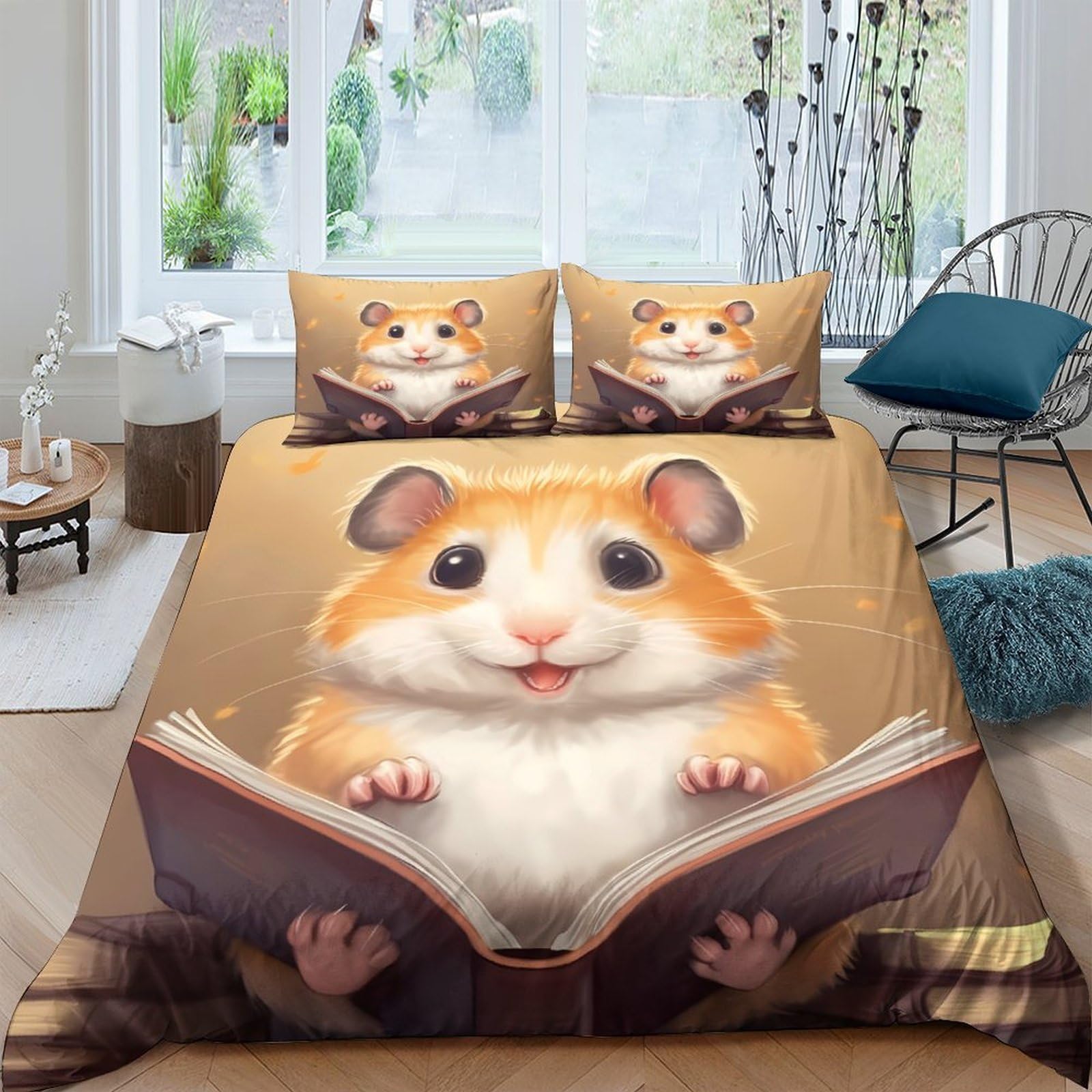 Ctjqhvkz Style-10 3D Printed Reading Hamster Fitted Sheet Microfiber Soft Decorative Cartoon Animal Bed Cover For Bedroom Guest Room Single（135X200cm）