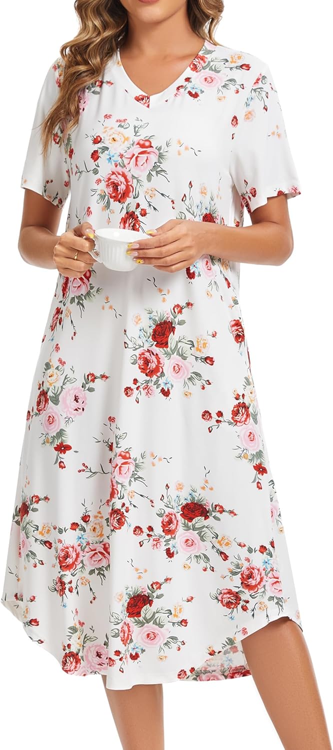 Nightgowns for Women Cotton Short Sleeve Long Night Gowns with Pockets