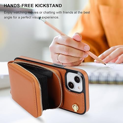 Miniatura 4 de KIHUWEY Funda tipo cartera cruzada para iPhone 13, iPhone 14, funda con bolsillo con cremallera y soporte para tarjetas, funda protectora de piel