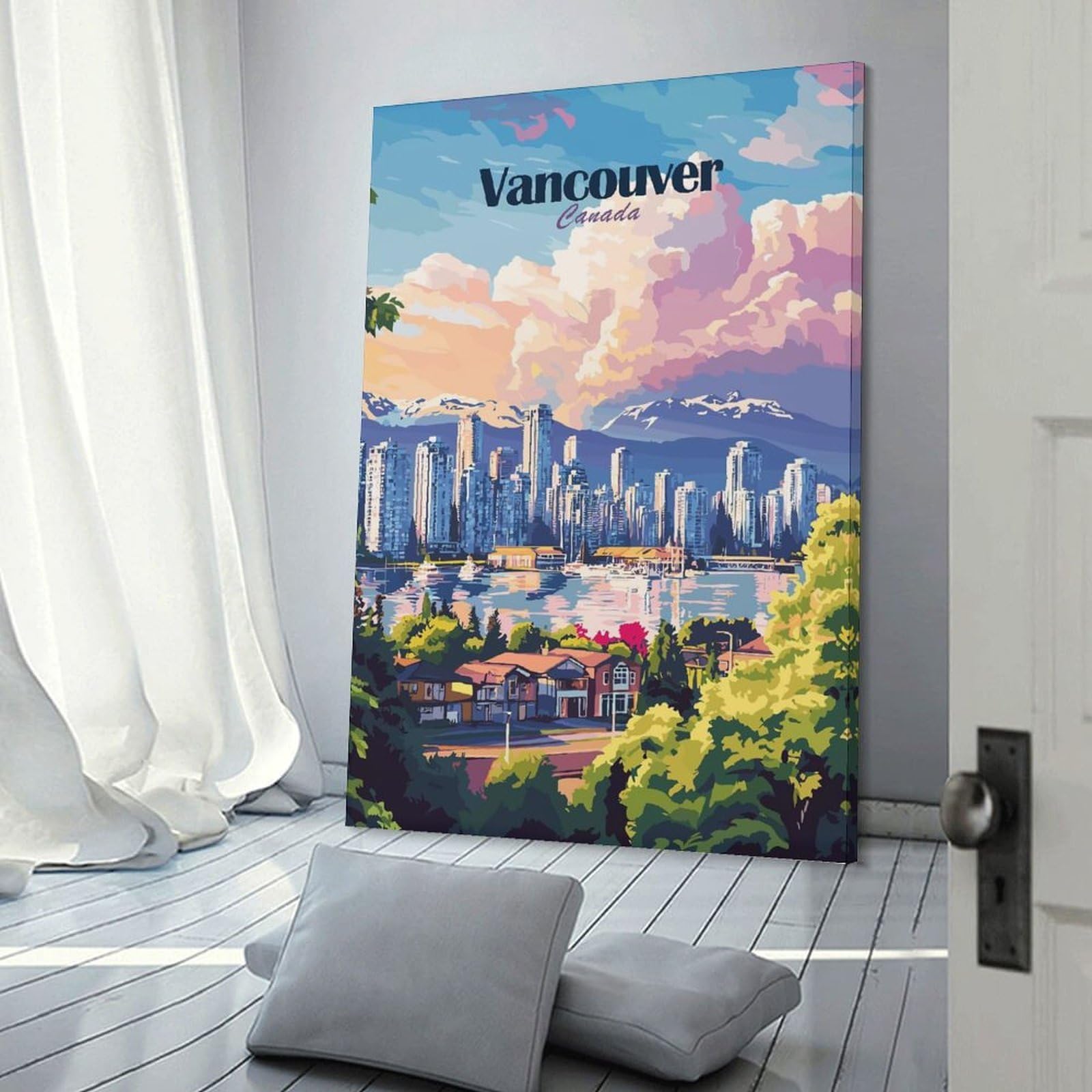 Junmoney Vancouver Skyline Home Decor Wall Art 24x36inch(60x90cm), for Living Room, Bedroom Or Home Office, Decorative Present for New Homes