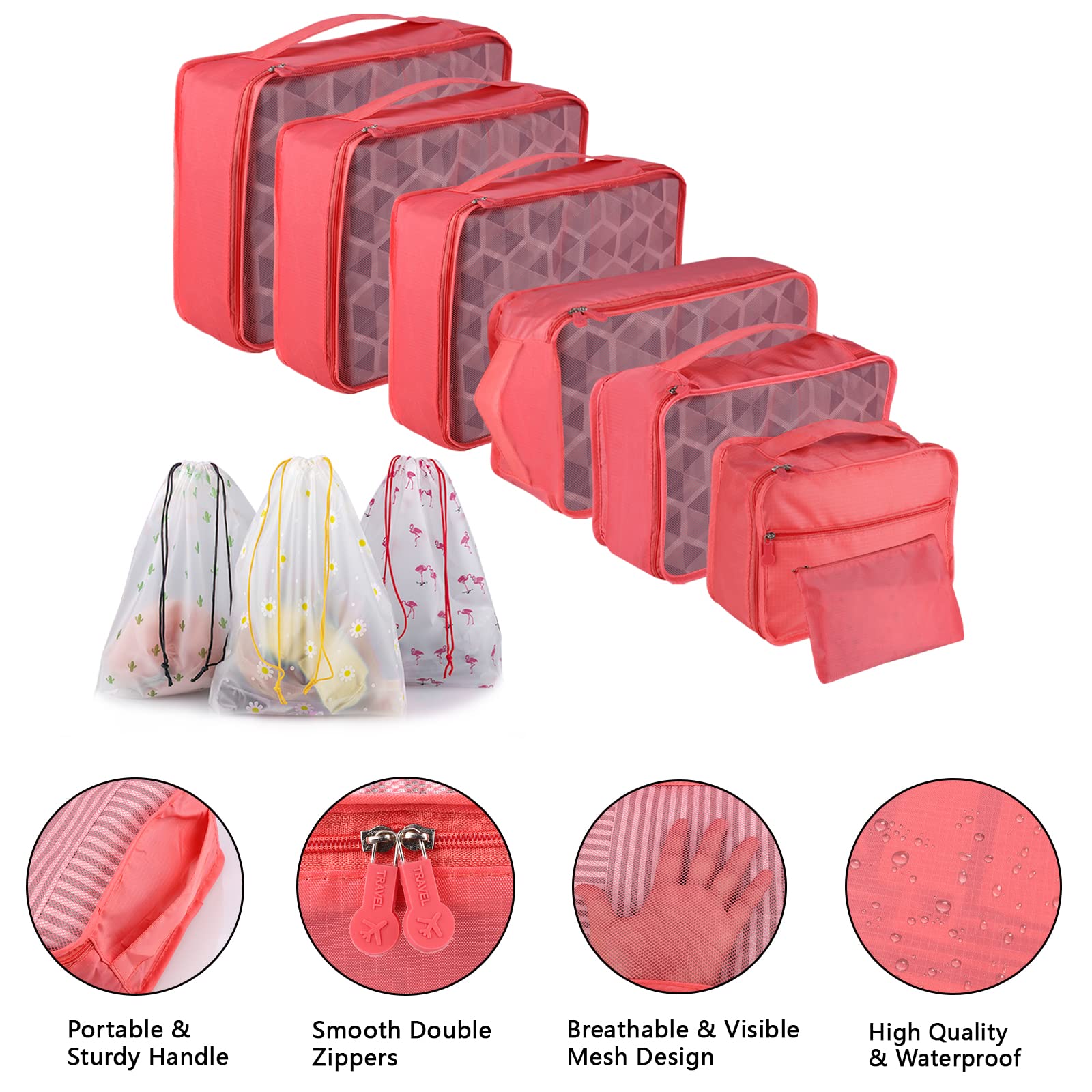 Sciphylia Organizer Valigie Organizer Valigia Set di 10 Borse Organizer da Viaggio Impermeabili Cubi di Imballaggio Viaggio Accessori Utili per Vestiti Cosmetici Scarpe Biancheria Intima Anguria Rossa