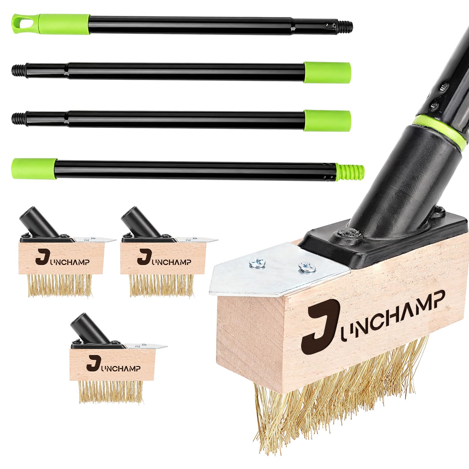 Junchamp Weed Brush Long Handle, Patio Weed Remover Tool with V-Shaped Wire Bristles & Scraper, Block Paving Weeding Tool for Moss, Driveway, Garden Path & Paving Cracks - 3 Brush Heads