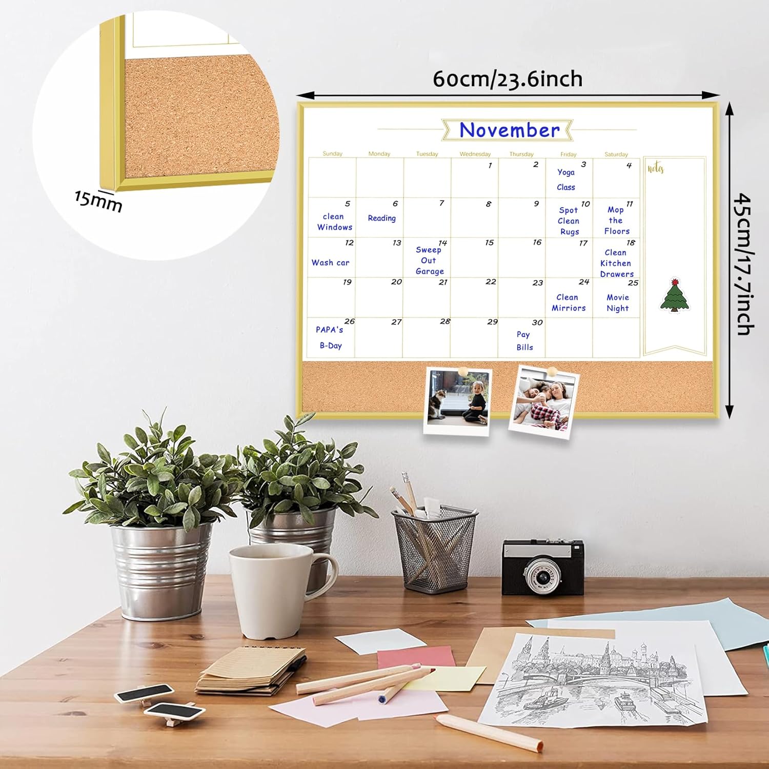 Whiteboard Calendar & Corkboard, 18" x 24" Dry Erase White Board & Bulletin Board, Gold Aluminum Frame Calendar/Cork Combo Board(ZHYL-Gold-4560-B+1)