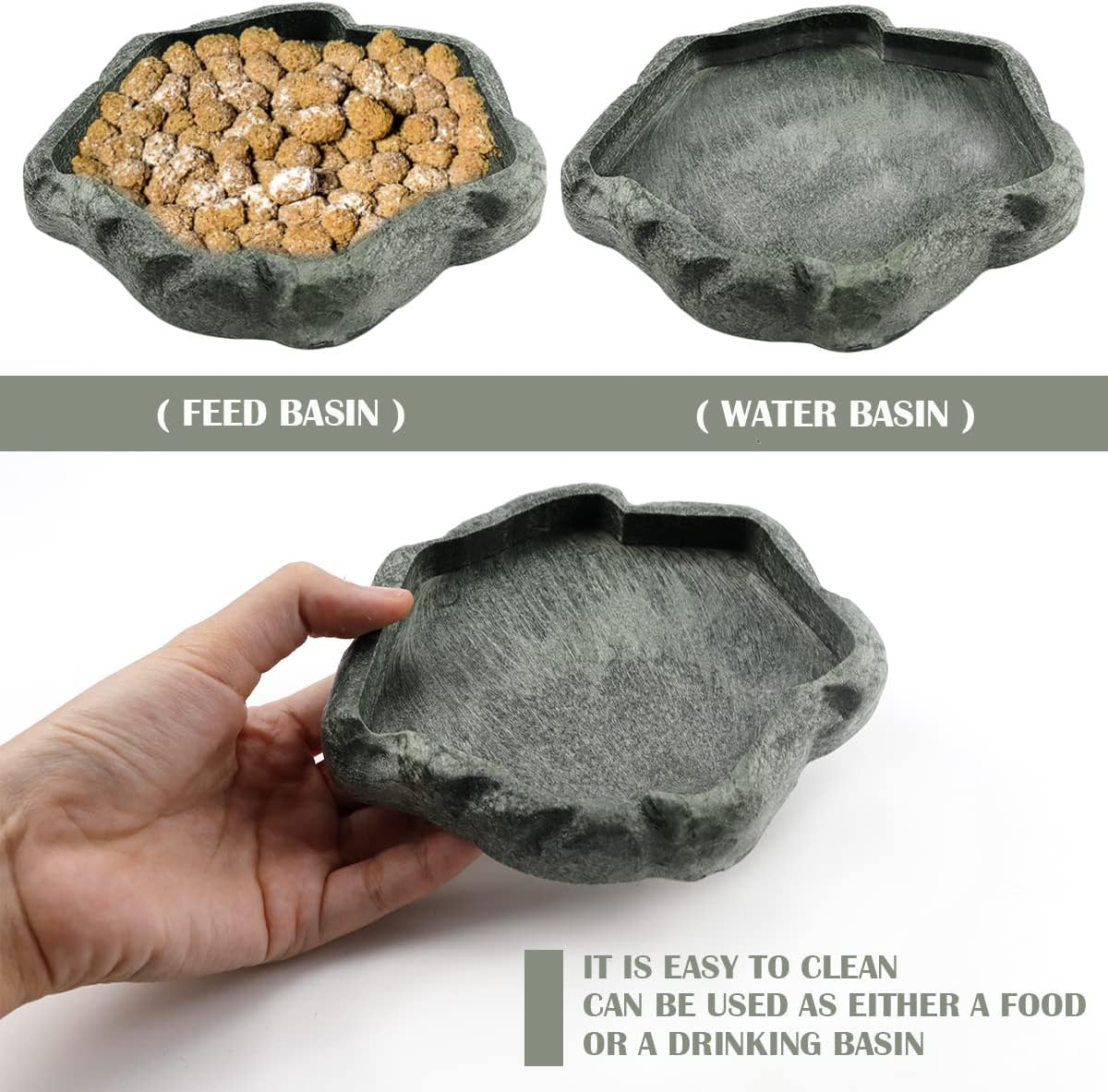 Reptile Water Dish Bowl Resin Rock Reptile Food and Water Feeder Pet Aquarium Ornament Terrarium Plate for Tortoise Lizard (Dark green Small)