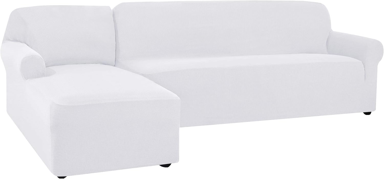 CHUN YI Stretch Sectional Couch Covers Soft L Shaped Sofa Slipcovers with Elastic Bottom, Jacquard Chaise Lounge Set for Living Room 2 Seat Sofa (Left Chaise,White) Left Chaise White