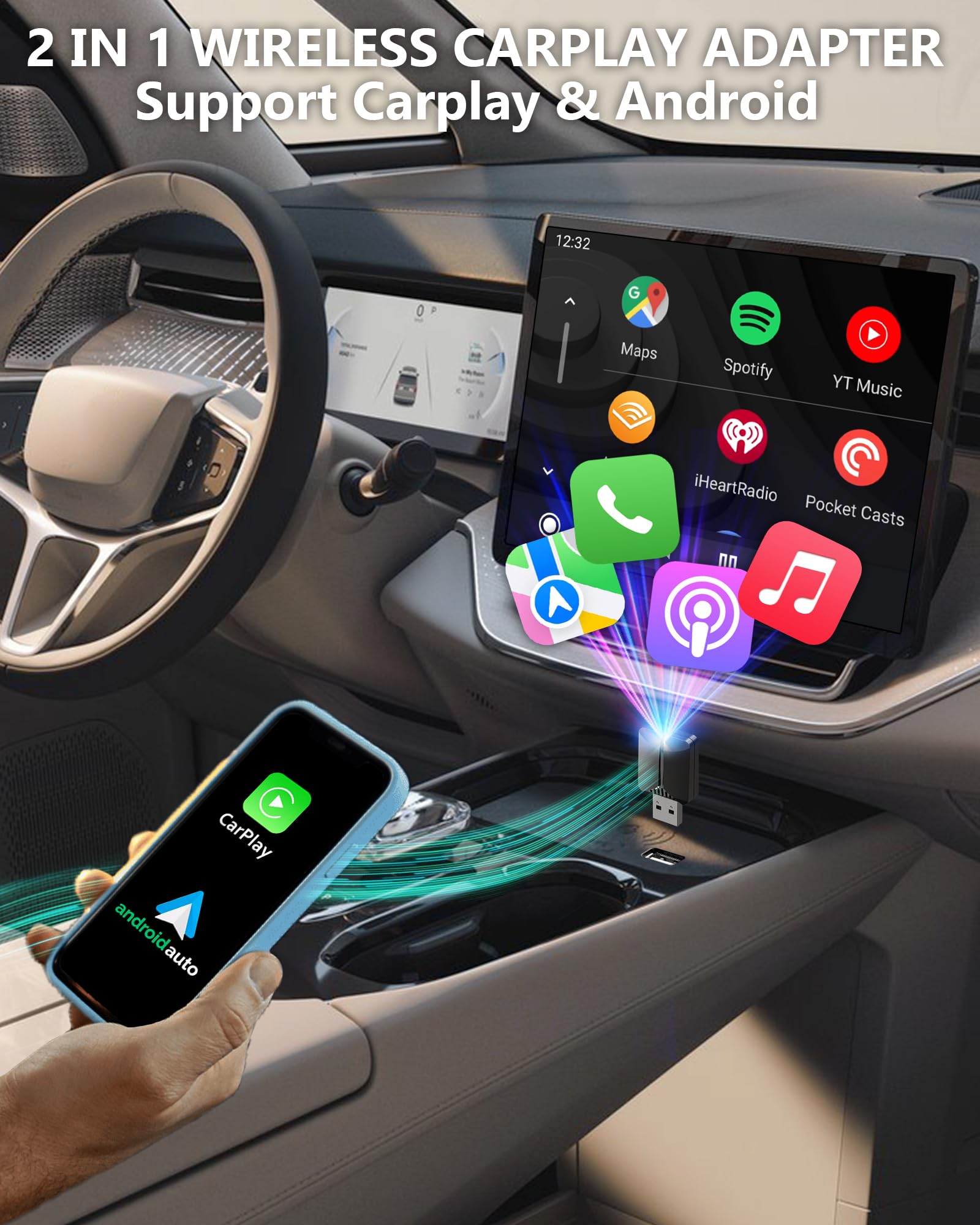 Bezprzewodowy adapter CarPlay – adapter samochodowy z systemem Android 2 w 1, bezprzewodowy 5,4 i Wi-Fi 6 GHz Plug & Play, mini rozmiar z przedłużaczem USB i USB C/typ C, stabilne połączenie