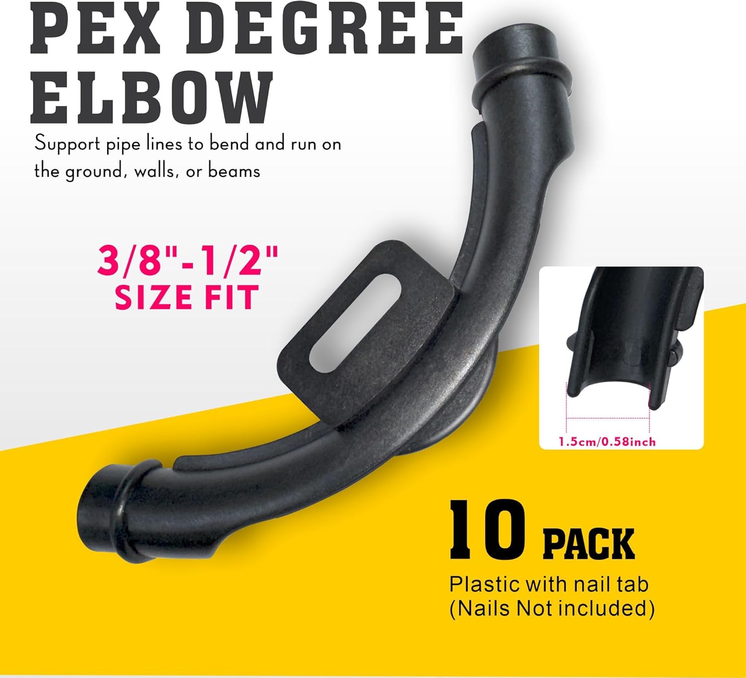 10 Pcs 3/8" - 1/2" Pex 90 Degree Elbow Plastic Tubing Bend Support With 20Pcs Half Clamp Fixture J-Hook,Elbow 90 Degree Pipe Fitting Kit Black,For 1/2 Inch Pex Tubing/Pipe Support