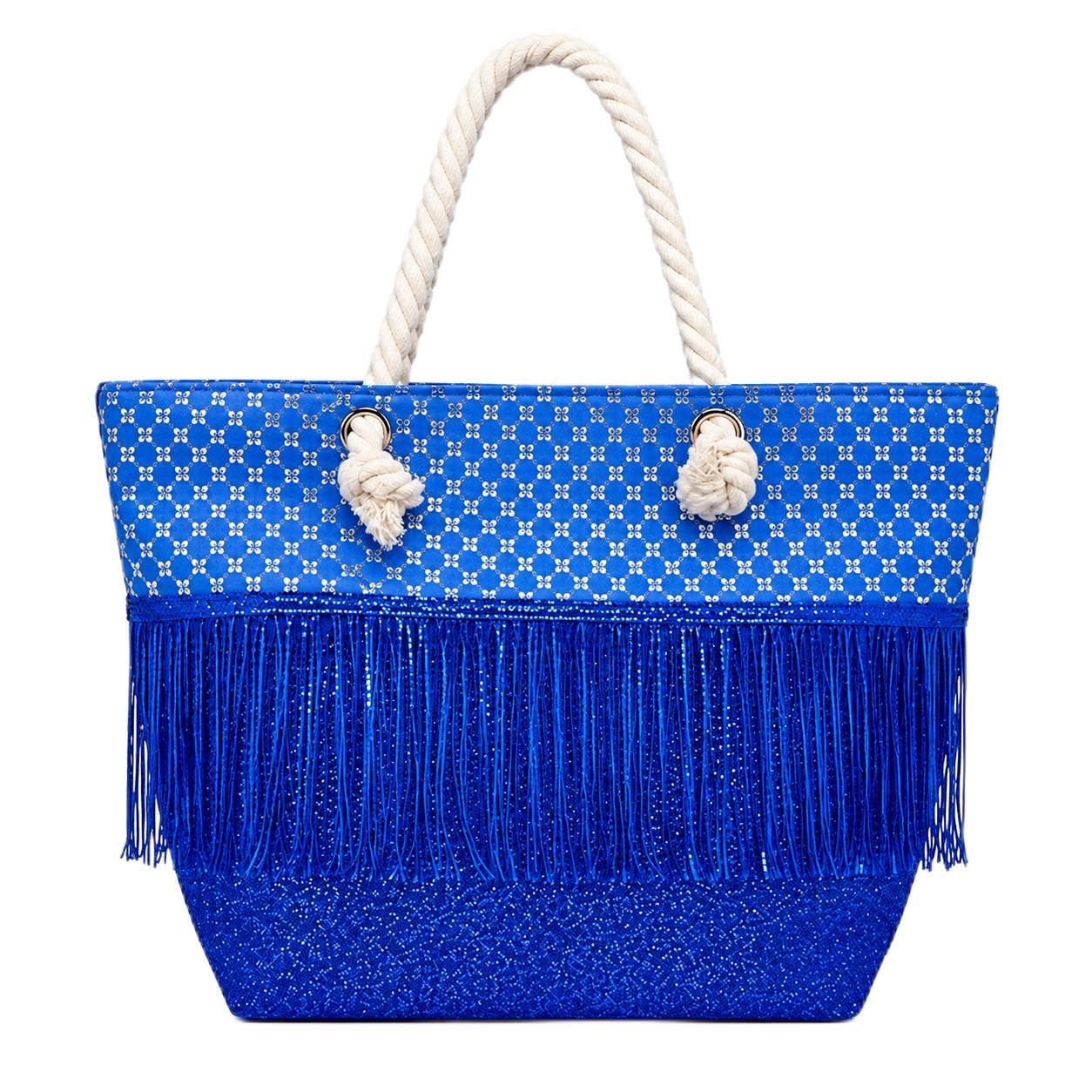 Women's Stylish Fringe Tote Bag with Rope Handle & Zipper Closure | Large Capacity Sequin Beach Bag | Fashion Handbag for Travel, Shopping, Office, Market & Daily Use - Blue