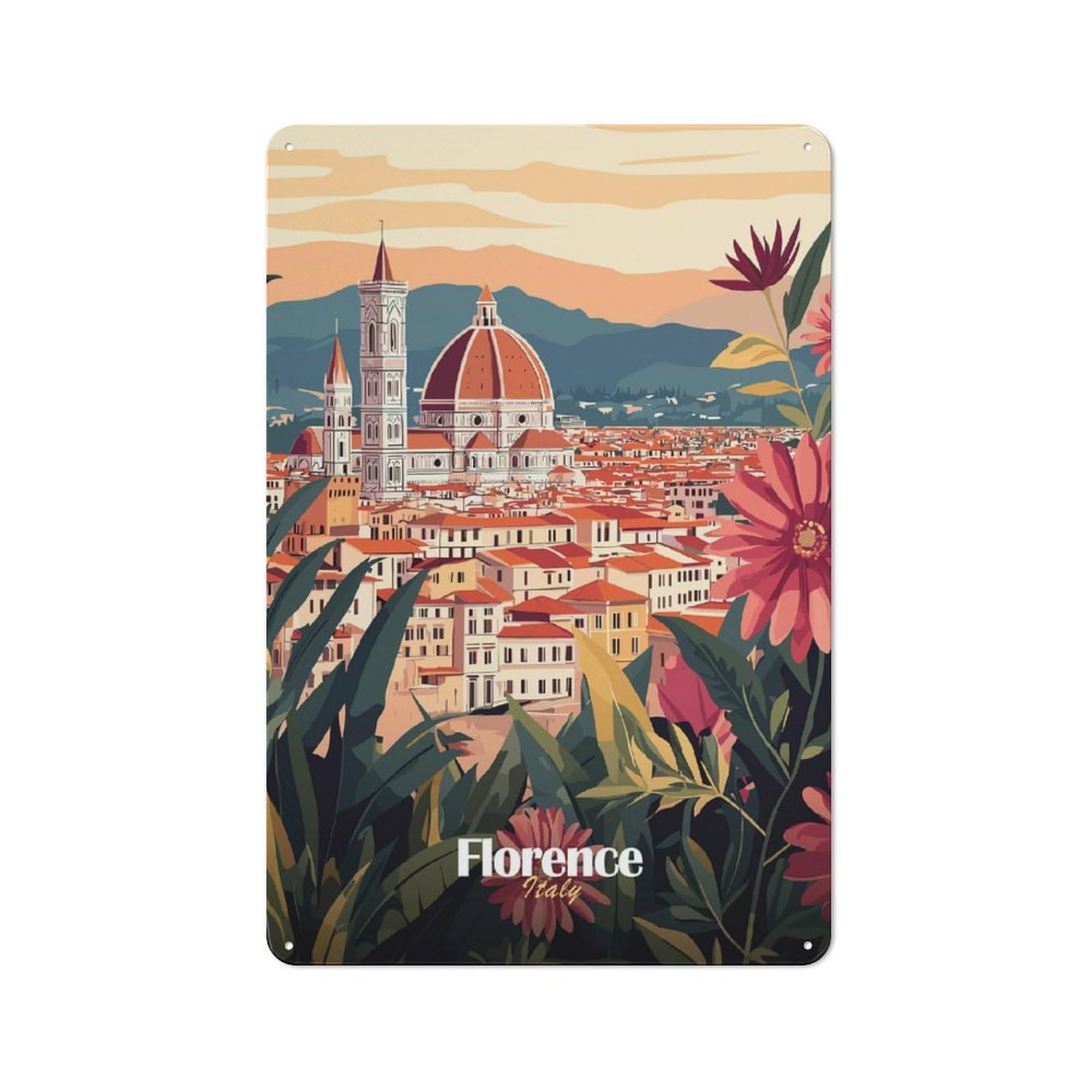 Junmoney Style-11 Florence Italy Cityscape Tin Wall Sign 30X20cm, Loft Style Industrial Wall Decor For Loft, Studio, Office Or Creative Room