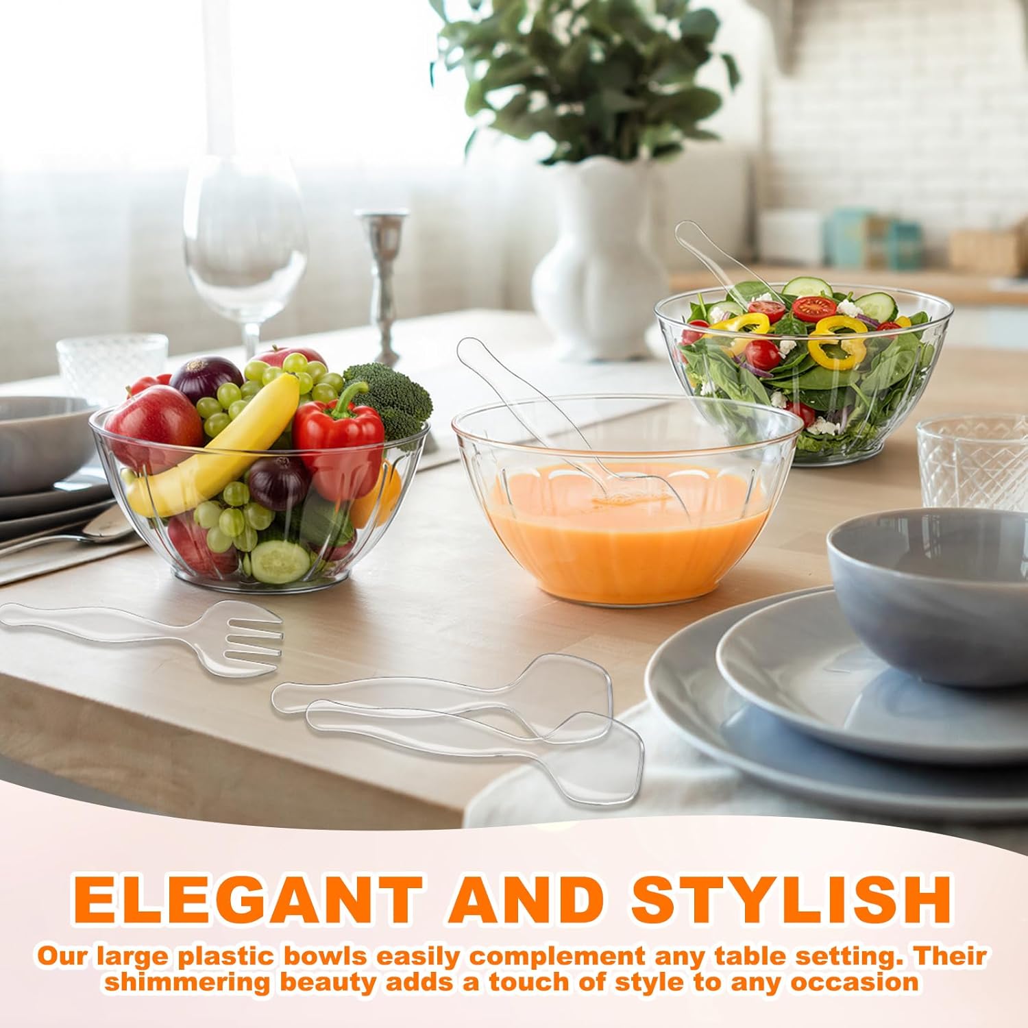 6 Set Clear Plastic Salad Bowl, 170 oz Thickened Reusable Large Serving Bowl with Lid, Fork, Spoon, Round Salad Container for Chip, Popcorn, Snack, Candy, Party Supplies