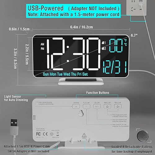 Miniatura 6 de KOSUMOSU Reloj despertador digital pequeño de 6.7 pulgadas para dormitorio, atenuación automática, alarma doble, fecha, segundos, día de la semana,