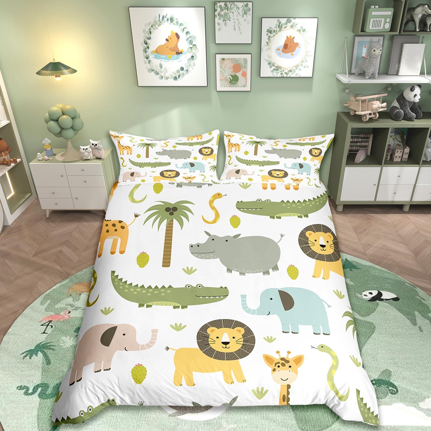 Homemissing Wildlife - Set di biancheria da letto Wildlife, set da letto per ragazzi, ragazze, adolescenti, carino, ippopotamo, coccodrillo, leone, copripiumino 220 x 240 cm, per bambini, cartone