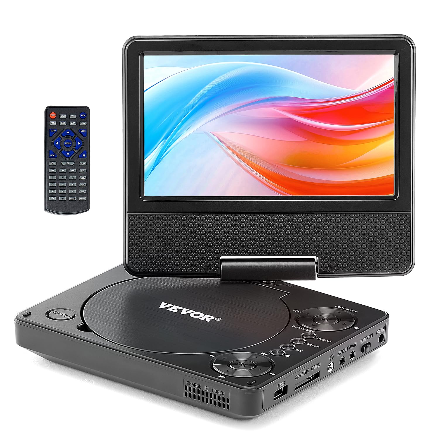 VEVOR Lettore DVD Portatile, Schermo HD Girevole da 7 pollici, Batteria Ricaricabile Integrata con Durata di 4 Ore, Altoparlante Doppio, Supporto Sincronizzazione TV/USB/Scheda SD/CD/DVD