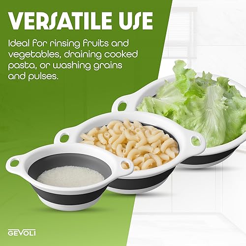 Miniatura 8 de Coladores plegables (juego de 3) coladores de alimentos con base de drenaje de agua sobre el fregadero para pasta, frutas y verduras, blanco (3