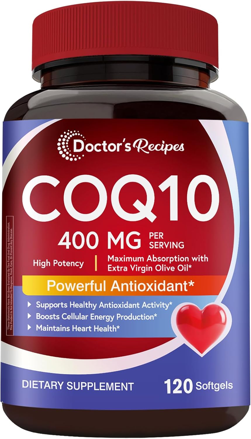 Doctor's Recipes CoQ10 400 mg High Potency, Stable Form Ubiquinone, Superior Absorption with Extra Virgin Olive Oil, Antioxidant for Heart & Energy, Naturally Fermented, Gluten-Free, 120 Softgels