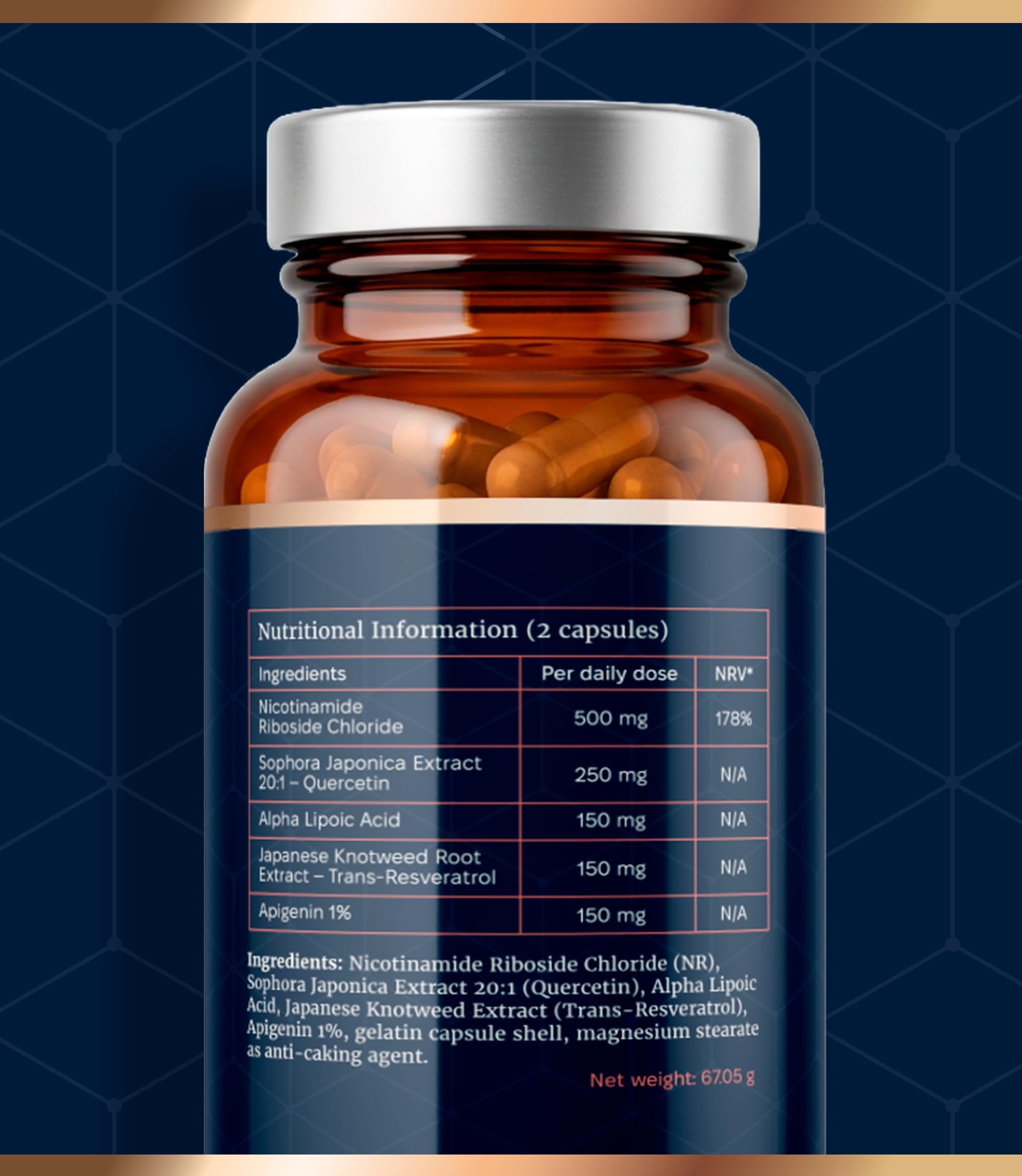 NAD+ Trans Resveratrol Alta Pureza con Nicotinamide Riboside 500mg Quercetina 250mg Apigenina 150mg Ácido Alfa Lipoico 150mg 90 Capsulas Energía Celular Longevidad Antioxidante Piel Anti Age Vitalidad
