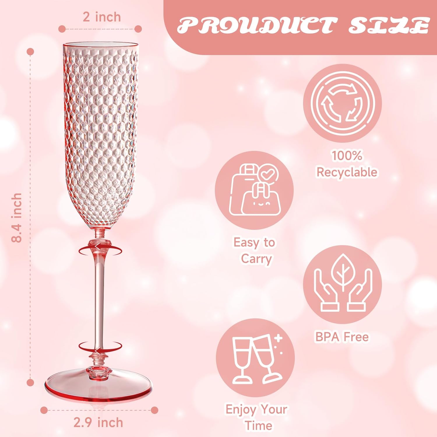 XUWAIDSGN 48 Pack Pink Detachable 2 piece Champagne Flutes 5.5 Oz Unbreakable Plastic Mimosa Disposable Champagne Glasses Drinking Cups Stemmed Reusable Wine Toasting Glasses for Wedding - Image 2