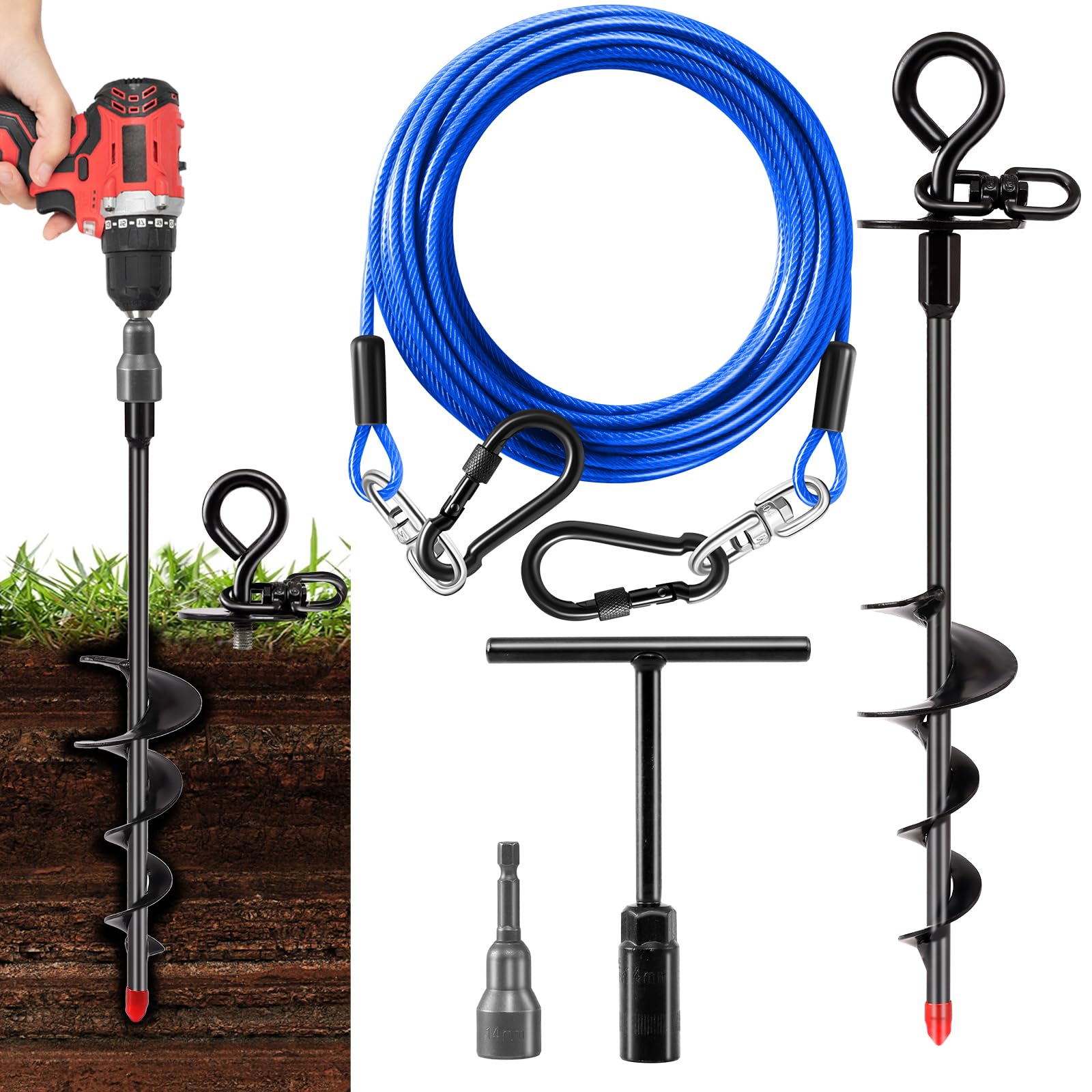 Heavy Duty Dog Tie Out Cable and Stake,30FT Rust Proof Dog Leads Cable for Yard with Swivel Hook,360&deg;Swivel Spiral Dog Stake&Chain Up to 200 lbs,Removable Ground Anchor for Outdoor Beach Camping