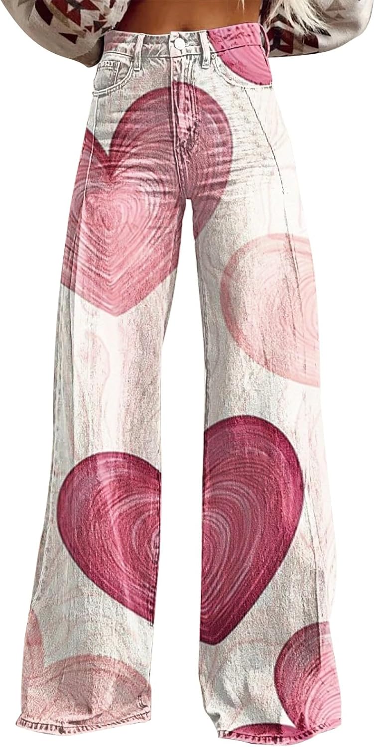 Womens Baggy Jeans, Valentine Pants for Women Heart Print Wide Leg Loost Fit Plus Size Y2K Denim Pants, S-5XL - Image 4