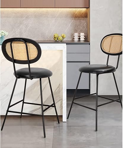 Miniatura 8 de Scurrty Taburete de bar de ratán, taburetes de bar de altura de mostrador, taburetes de bar de cuero para interiores con patas de metal y respaldo