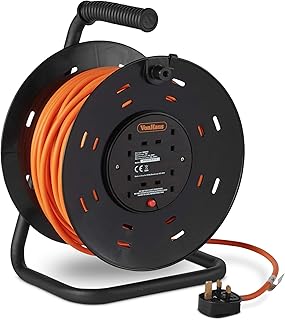 VonHaus Extension Lead - 50 Meter Extension Cable with 4 Socket Metal Frame - Free Standing, Extra Long Extension Lead Reel - Heavy Duty Extension Lead with Electric Cut Out to Prevent Overloading