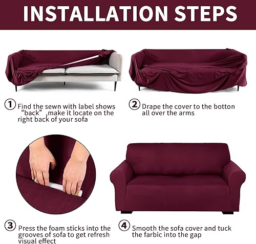Miniatura 3 de Peryiter Juego de 3 fundas para muebles de sofá, sofá biplaza, sillón, sillón, ajuste elástico, sin arrugas, protector de muebles (borgoña, elastano