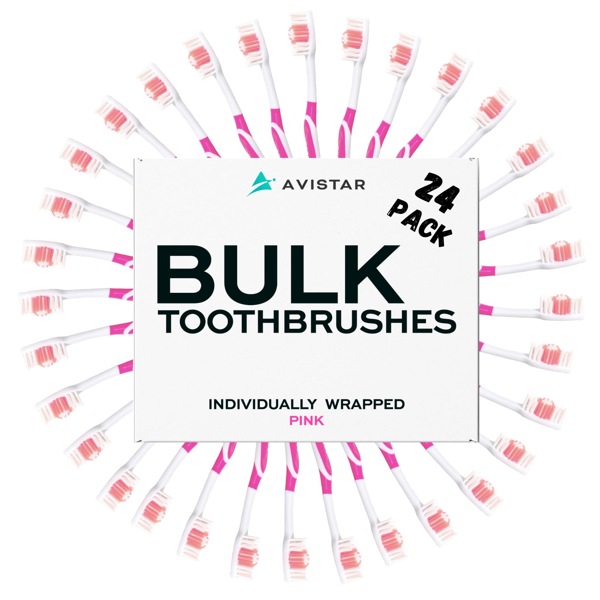 Avistar Bulk Toothbrushes Pack - 24 Individually Wrapped Toothbrushes Bulk for Travel Hotels AirBnB Guests Relief Missions and