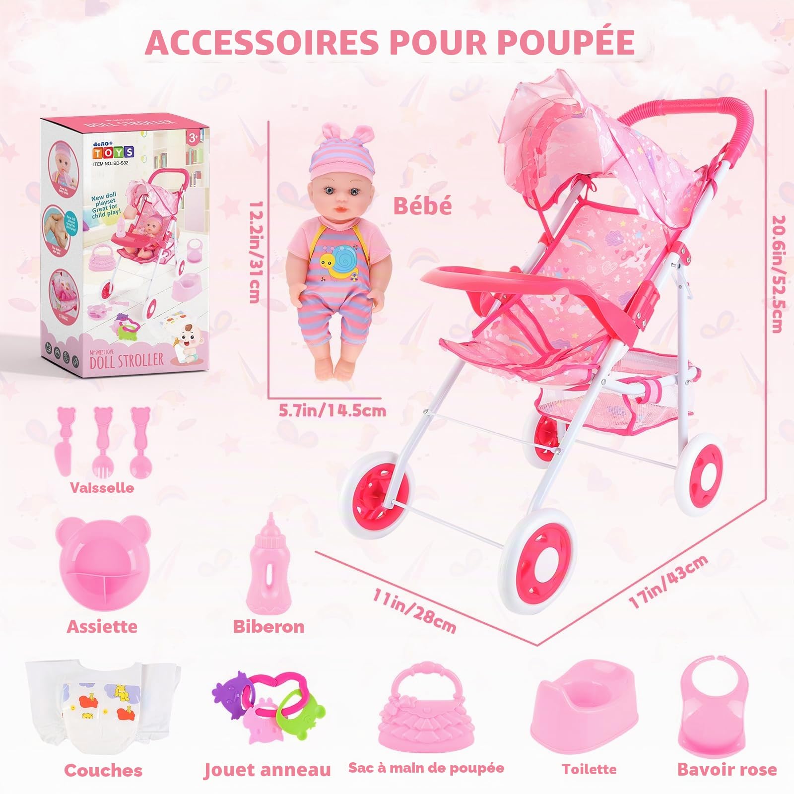 deAO Poussettes pour Poupées Pliable, avec Poupée 31cm Vêtements et Biberon
