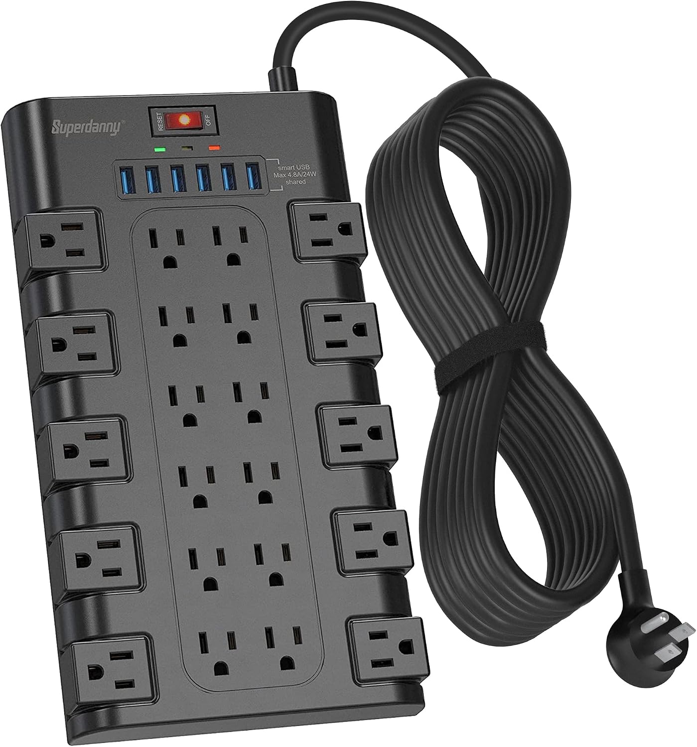 Power Strip Surge Protector, SUPERDANNY 15Ft Long Extension Cord with 6 USB Charging Ports and 22 AC Outlets, 1875W/15A, 2100 Joules, Flat Plug Power Outlet for Home, Office, Dorm, Gaming Room, Black