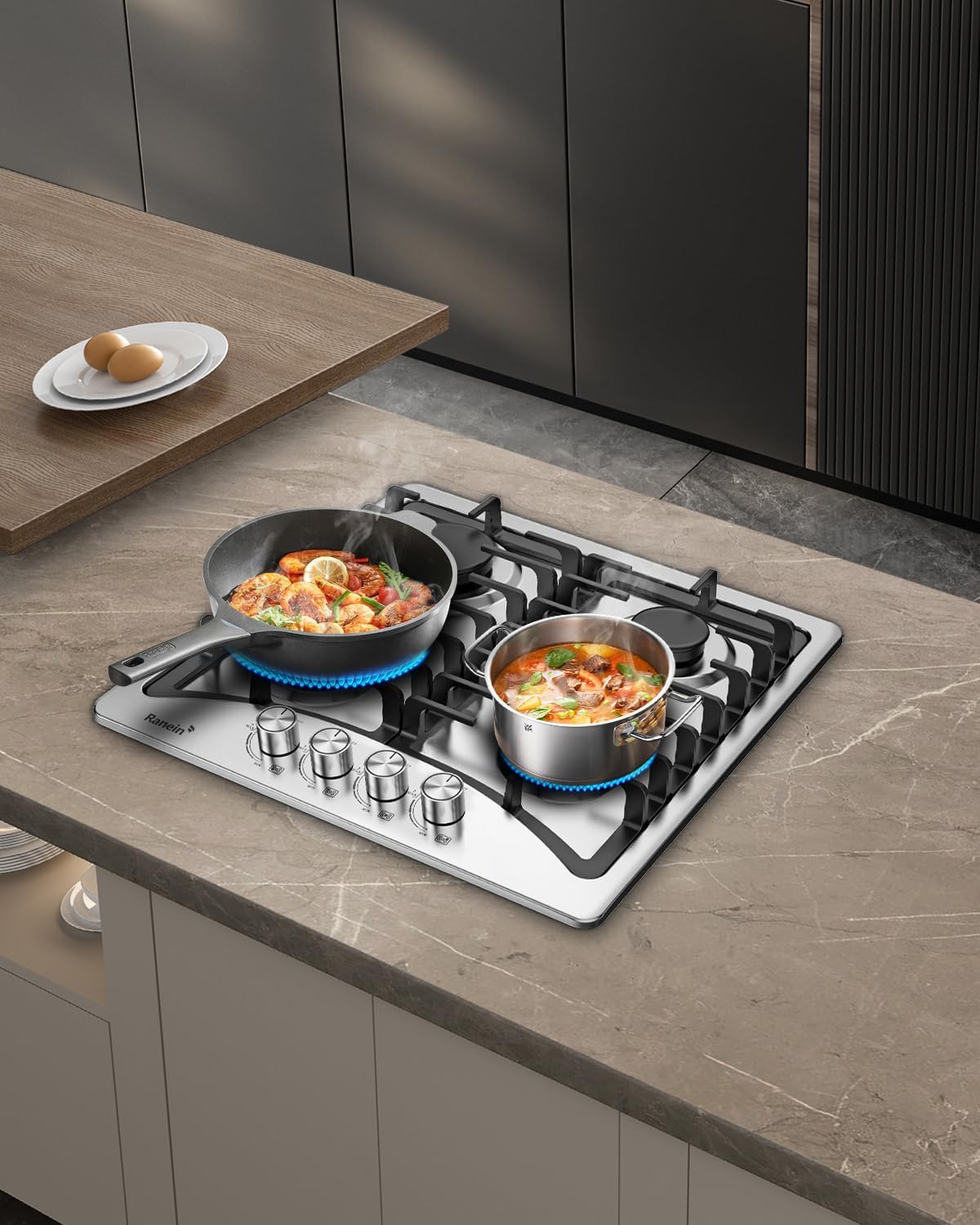 Ranein 24-Inch 4 Burner Gas Cooktop Stove Top, Built-In Gas Stove, 304 Stainless Steel Panel, NG & LPG Convertible, Compact Cooking Stove for Apartment, Indoor