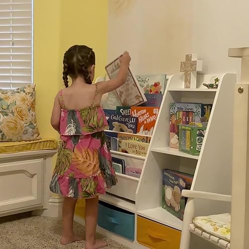 Miniatura 6 de UTEX Estantería infantil de 5 niveles con cubos de almacenamiento, estantería de madera para niños, estante Montessori para niños pequeños, aula,