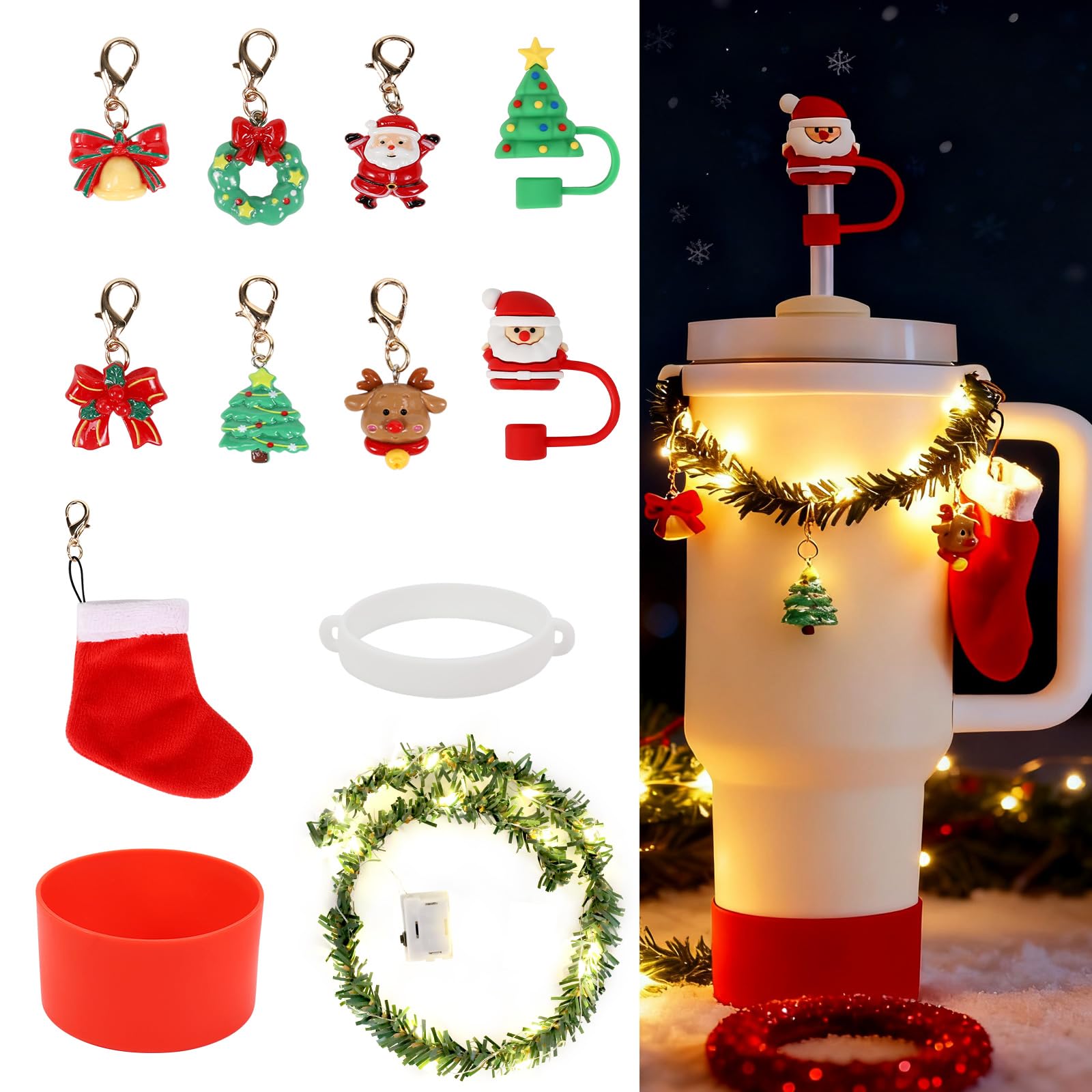 3tyto 12Pcs Christmas Stanley Cup Accessories Set Including Light Up Christmas Garland, Straw Toppers, Silicone Boot, Water Bottle Charm for Stanley Tumbler 40oz&30oz