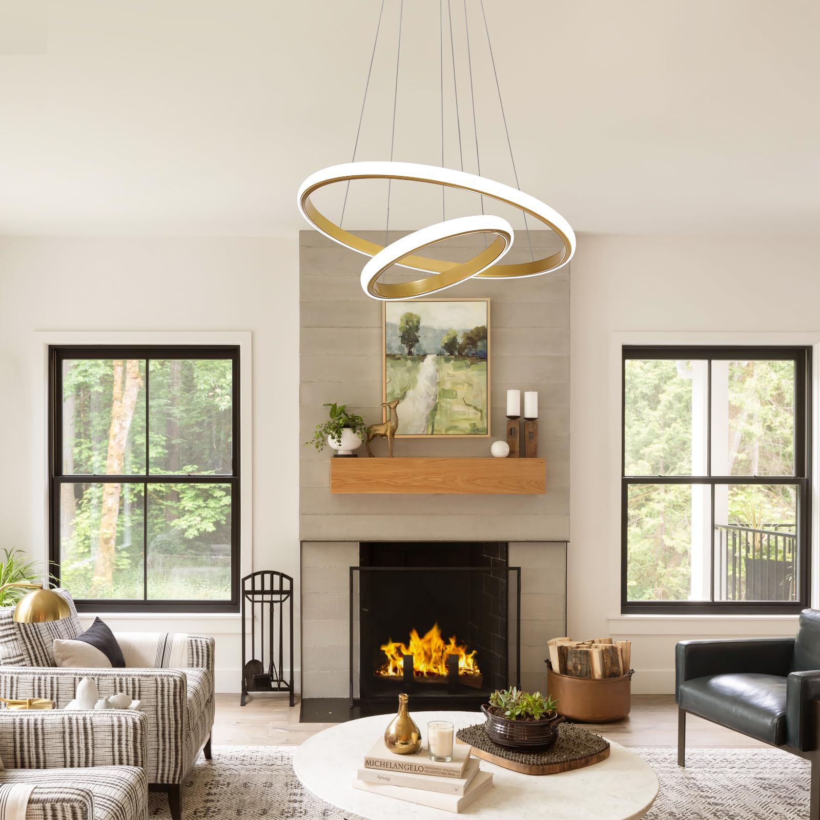 Goeco Lampadario LED Moderno ad 2 Anelli Oro, Lampada a Sospensione 32W | Altezza Regolabile, Lampadario Circolare Design Minimalista per Soggiorno, Sala da Pranzo, Camera da Letto, Hotel
