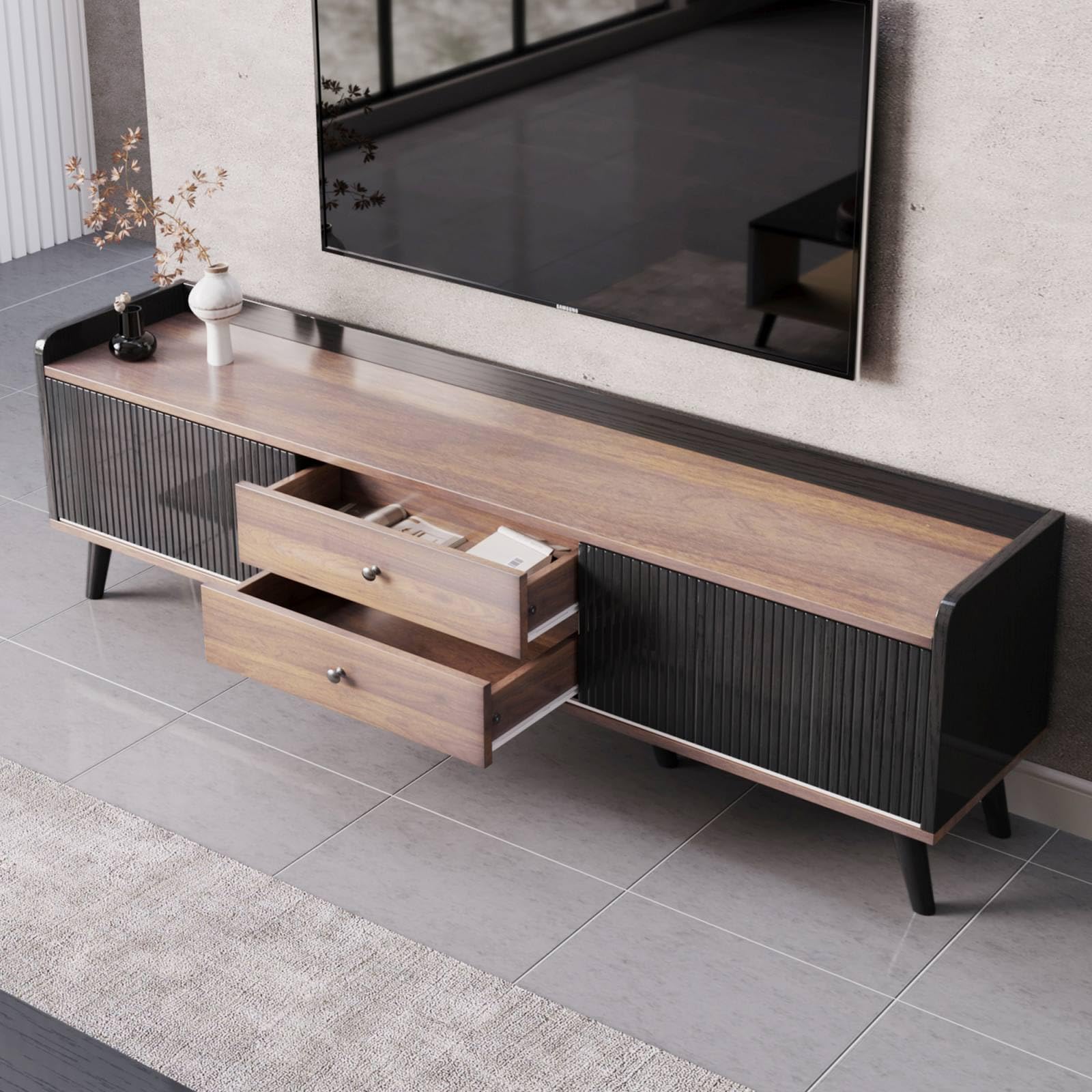 KOMHTOM Armoire TV en bloc de couleur noir/blanc et bois, buffet avec 2 tiroirs et 2 compartiments de rangement spacieux, armoire polyvalente pour salon, chambre à coucher et salle à manger (noir)