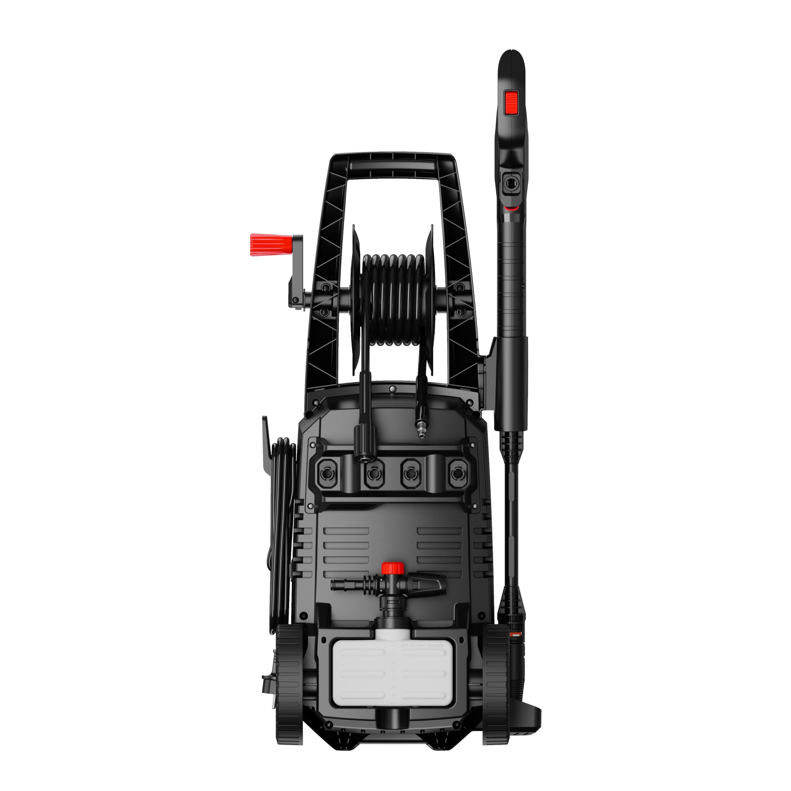 LEHMANN Nettoyeur Haute Pression, Max. 220 Bar, Débit de 450 l/h, Puissance 1800 W, Pompe en Aluminium, Rayon d'action 10 m, Enrouleur de Tuyau, Lance à Mousse, Buse Réglable et Turbo, Noir/Rouge