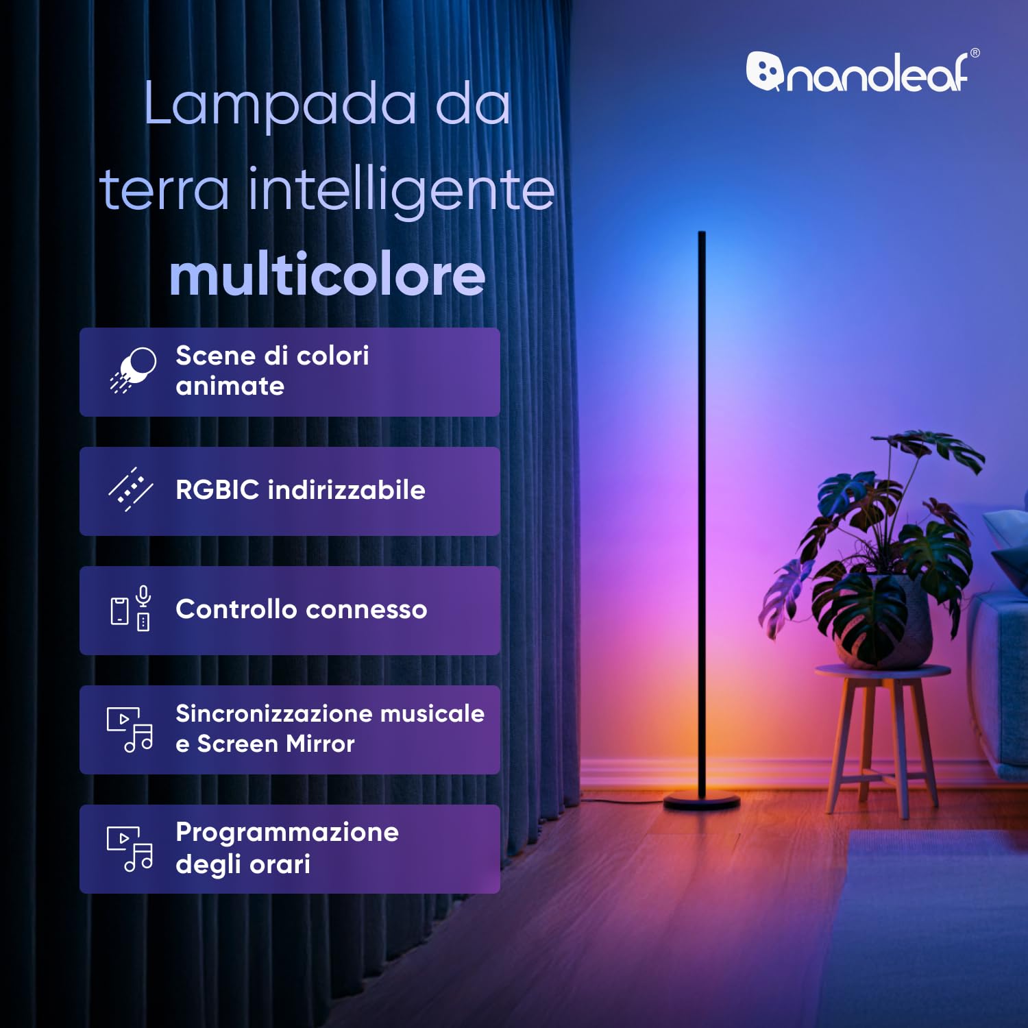 Nanoleaf Lampada da Terra LED RGBIC 1700lm, Piantana da Salotto Compatibile con Alexa e Matter, Sincronizzazione Musicale, 16 Milioni di Colori, 200+ Modalità Scena, per Soggiorno e Camera da Letto