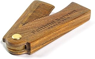 Wooden Beard Comb For Men - Psalm 25:9, Faithful Servant - Sandalwood Smooth Gliding Pocket Beard Comb w/Engraved Bible Verse, Beard & Mustache Folding Comb For Men As Gifts For Christian Men