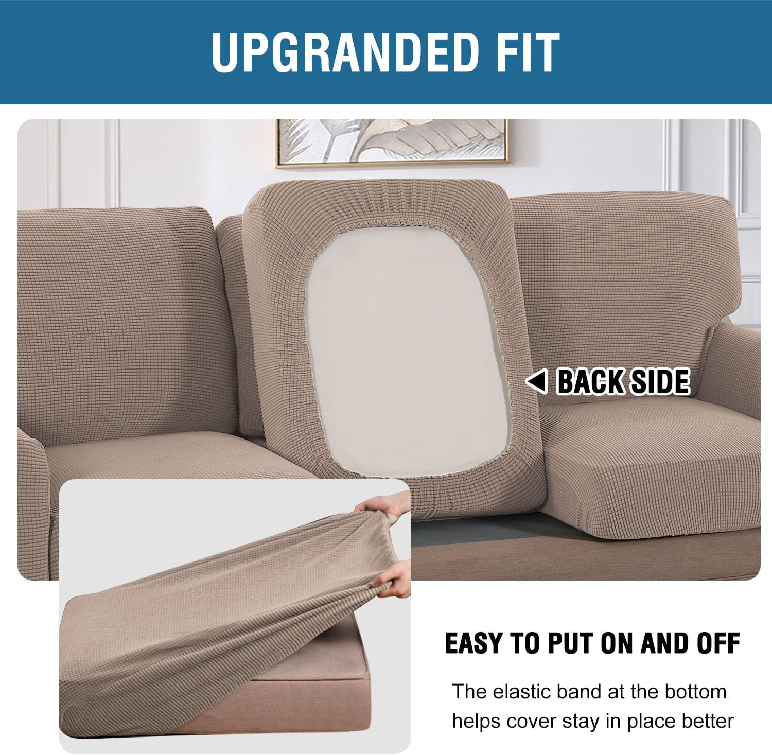 H.VERSAILTEX Multi-Pieces Sofa Covers Stretch Couch Covers Form Fitted Seats and Back Cushions Covers (3 Seat Covers Plus 3 Back Cusion Covers, Bonus 2 Armrest Covers), Sand