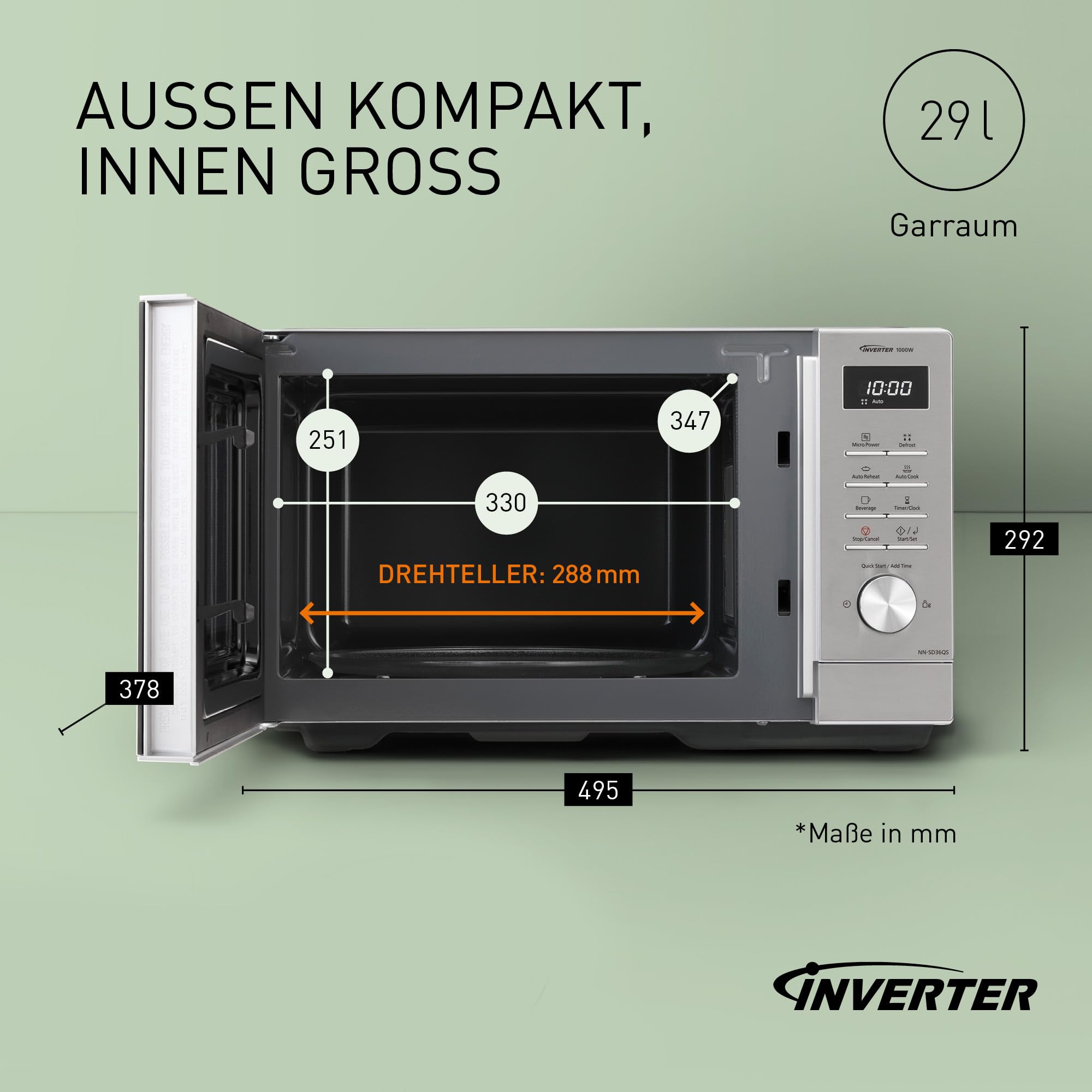 Panasonic NN-SD36QSEPG Solo-Mikrowelle, 29 l, 1000 W, automatisches Auftauen, 11 automatische Programme, Timer, Silber