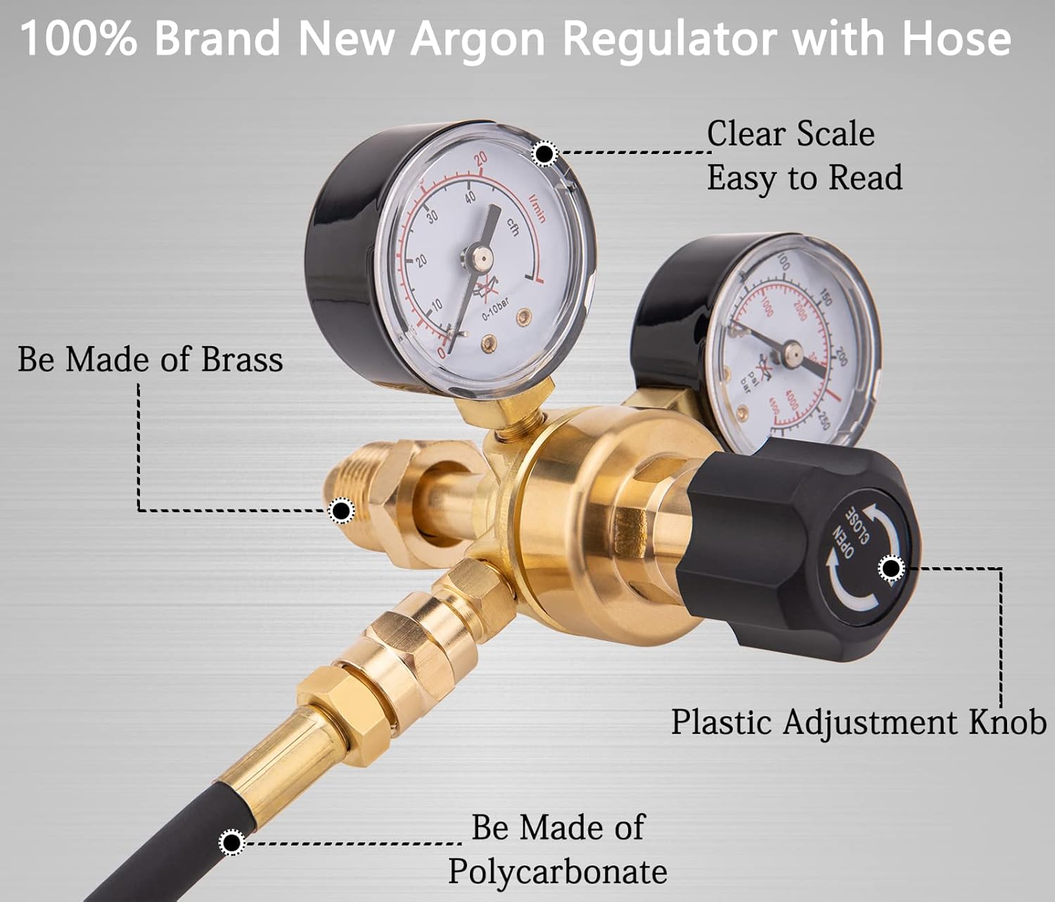 CGA580 Argon CO2 Regulators, Argon Gauges Gas Welding Regulator Compatible with Mig Tig Miller Lincoln Weld 0-4500PSI / 0-10BAR - CO2 Argon Regulator with 6.6Ft Hose - - 