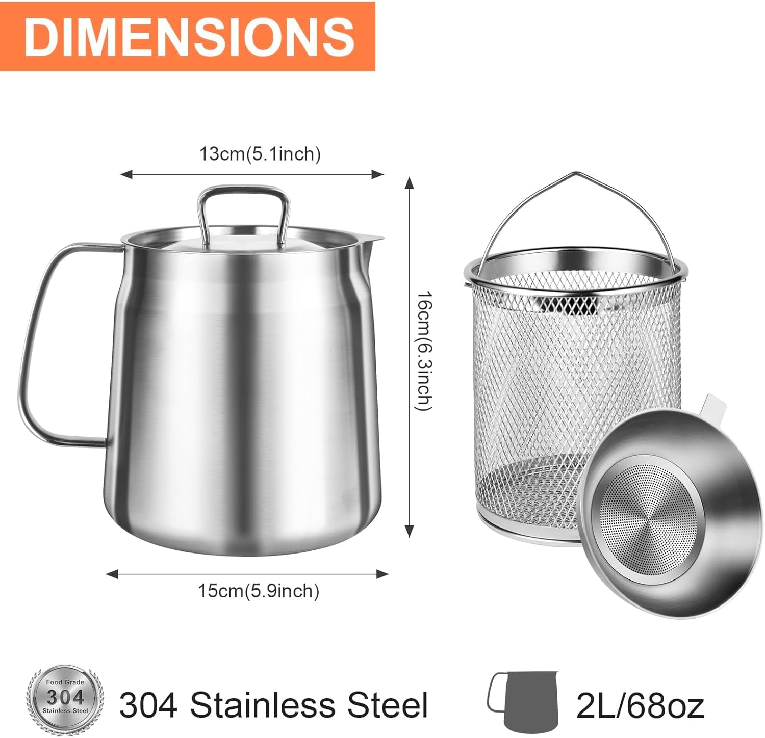 Cacerola para freír con filtro de malla fina, acero inoxidable, depósito de aceite de 2 l y recipiente de grasa para freír y grasa para alimentos, utensilios de cocina