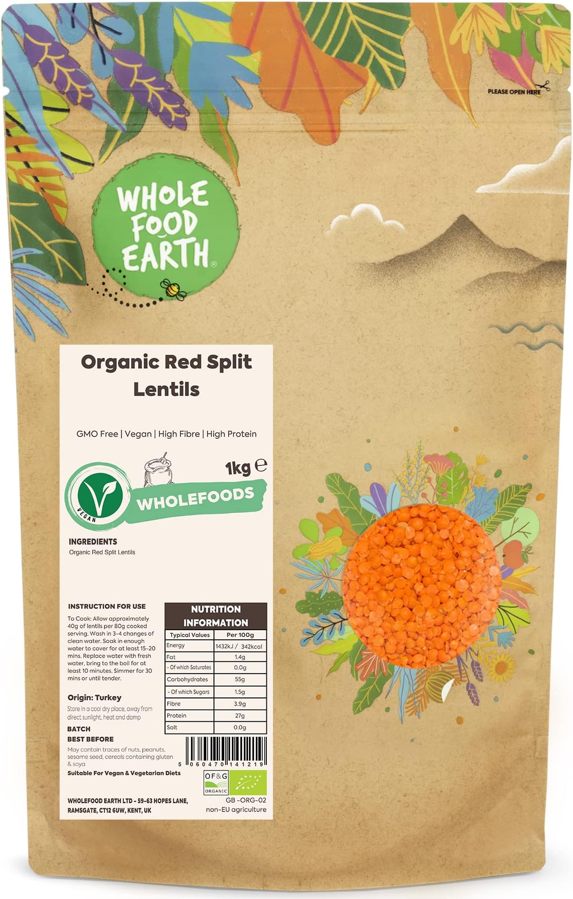 Organic Red Split Lentils, 1 kg