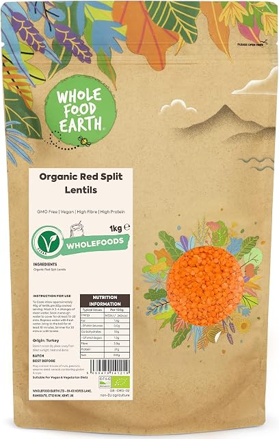 Wholefood Earth Organic Red Split Lentils 1kg GMO Free | Vegan | High Fibre | High Protein | Certified Organic