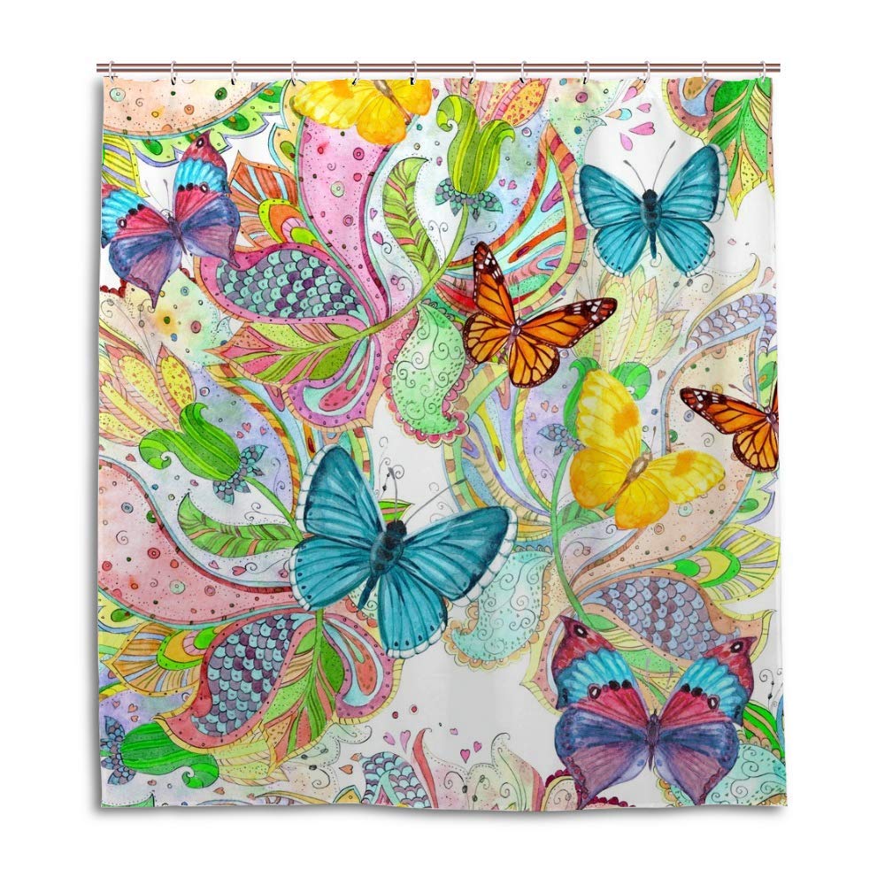 Rideau de douche en polyester lavable en machine avec motifs papillons colorés
