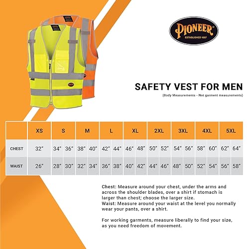 Miniatura 7 de Pioneer Chaleco de seguridad para hombre  Hi Vis malla reflectante neón con 8 bolsillos, cierre de cremallera para construcción, tráfico, trabajo de